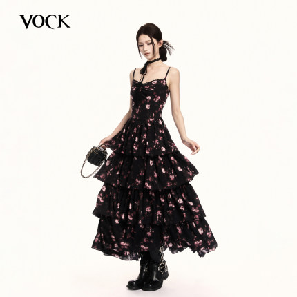 VOCK 樱花树下 法式气质浪漫度假风碎花连衣裙显瘦海边蛋糕裙长裙