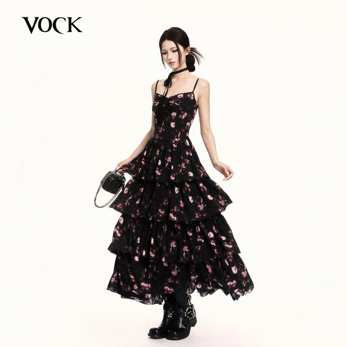 VOCK 樱花树下 高级感浪漫度假穿搭碎花连衣裙显瘦海边蛋糕裙长裙