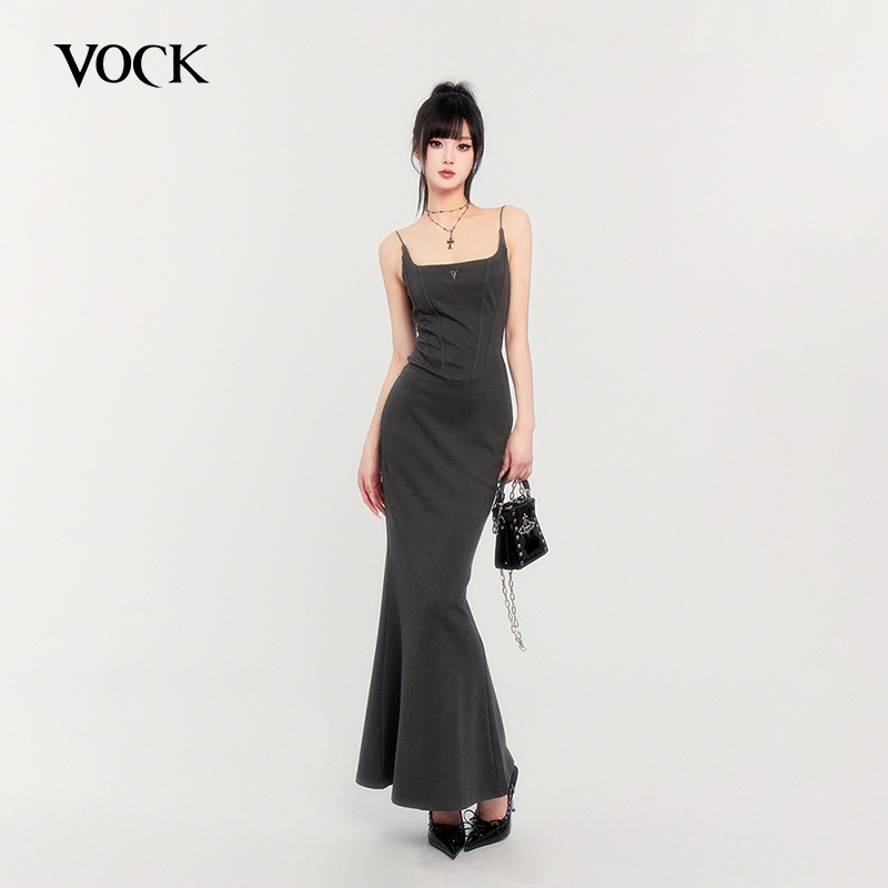 VOCK 满分廓形 经典高级感气质性感方领吊带收腰包臀鱼尾裙连衣裙