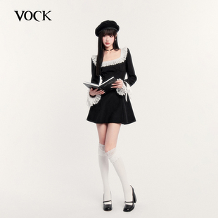 VOCK 收腰显瘦方领连衣裙 初见钟情 千金风乖巧蕾丝精致Miu系长袖