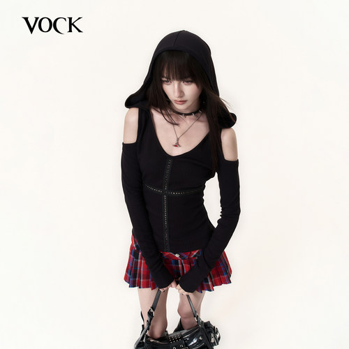 VOCK 暮色回响 黑色万圣辣妹十字架长袖针织打底露肩修身连帽上衣
