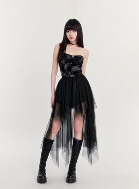 VOCK 暗黑浪漫 设计感小众气质不规则短裙显瘦黑色网纱长款半身裙