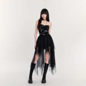 VOCK暗黑浪漫设计感小众气质不规则短裙显瘦黑色网纱长款半身裙