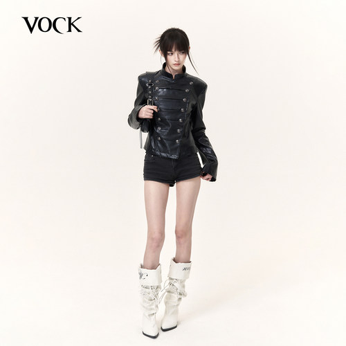 VOCK 辣妹速成 黑色拿破仑立领短款外套收腰显瘦街头机车皮衣夹克