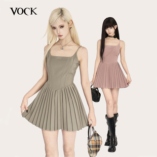 VOCK 甜酷少女芭蕾风方领吊带百褶裙收腰显瘦A字连衣裙 满分版 型