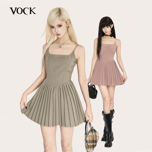 VOCK 满分廓形 甜酷少女芭蕾风方领吊带百褶裙收腰显瘦A字连衣裙
