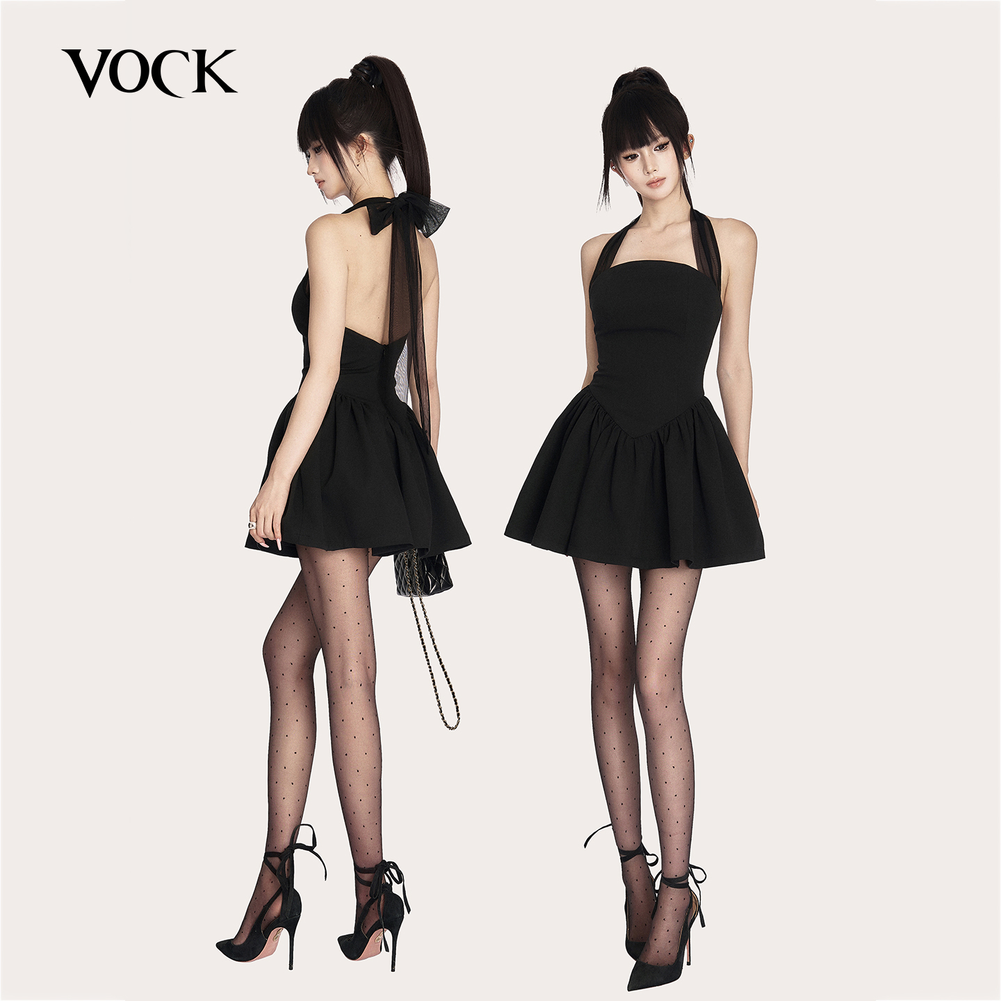 VOCK 一眼万年 法式高级千金收腰显瘦露背蓬蓬裙生日小黑裙赫本风