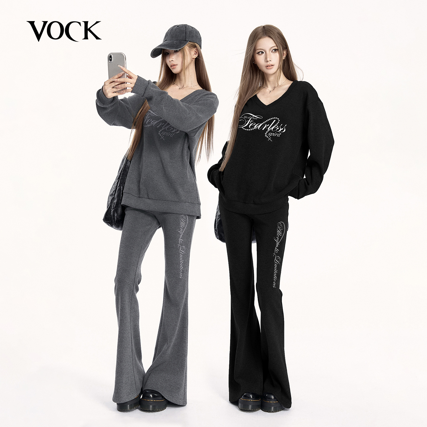 VOCK 随性自由 休闲慵懒辣妹运动磨毛V领卫衣套装显瘦喇叭长裤子