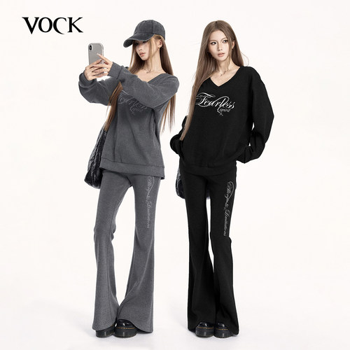VOCK 随性自由 休闲慵懒辣妹运动磨毛V领卫衣套装显瘦喇叭长裤子