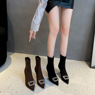 尖头细跟短靴女2025新款秋冬加绒袜靴高级感高跟弹力瘦瘦靴子
