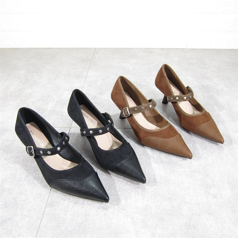 法式气质黑色高跟鞋女2025春秋新款一字带玛丽珍尖头细跟绒面单鞋,女鞋,玛丽珍鞋,淘宝优惠券,粉丝福利购,淘宝优惠卷