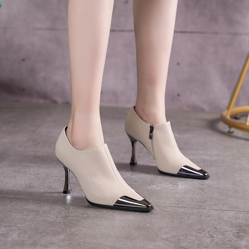 韩版金属尖头高跟鞋女2025年春秋新款细跟侧拉链时尚百搭黑色单鞋,女鞋,深口单鞋,淘宝优惠券,粉丝福利购,淘宝优惠卷