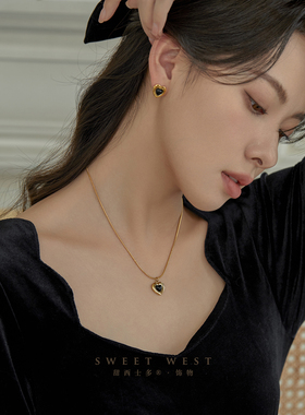 甜西士多黑玛瑙爱心项链耳钉