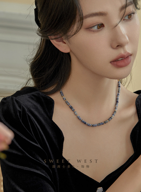 甜西士多蓝色天然石复古锁骨链