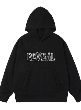 Reveal23SS重磅廓形黑色袋鼠兜套头水洗破坏贴布装饰刺绣连帽卫衣