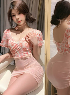情调内衣女性感透视深V碎花玫瑰轻纱高腰包臀裙纯欲风透明连衣裙