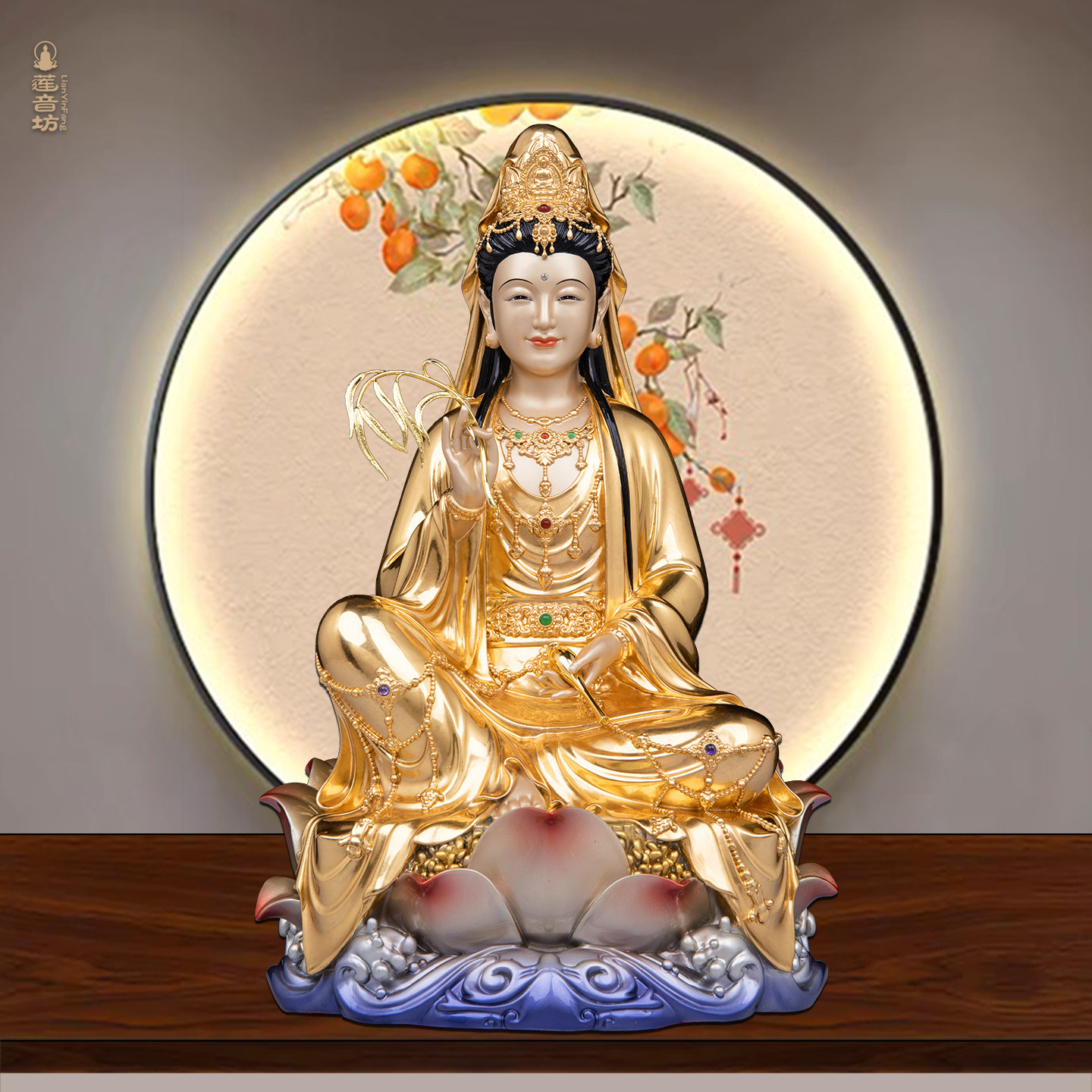 妙善观音自在铜贴金佛像家用佛堂观世音菩萨送子娘娘摆件