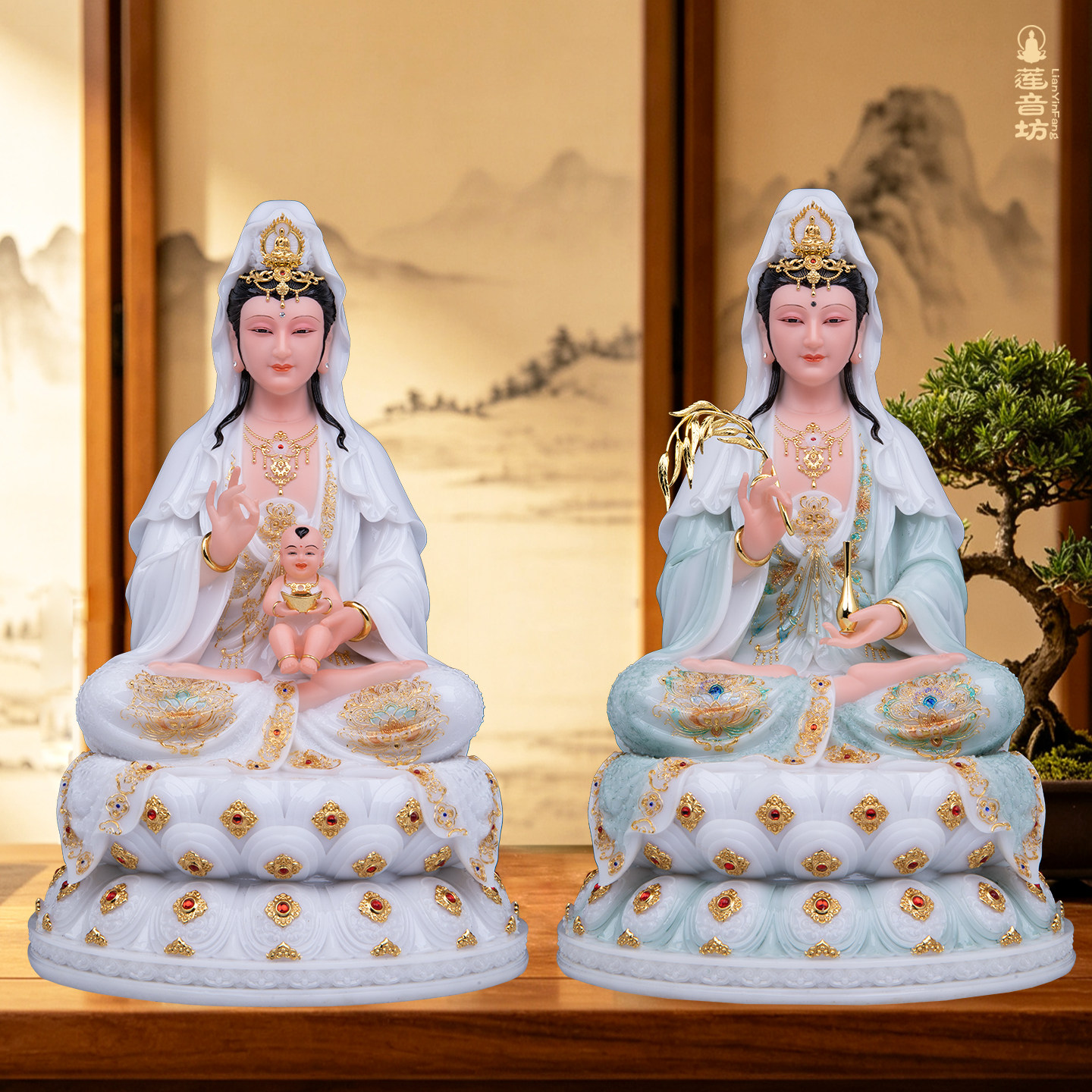 汉白玉观音佛像坐莲花台送子