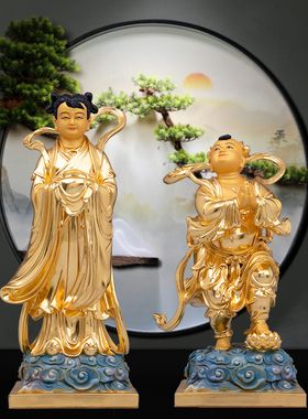 黄铜平安复古桌面金童玉女摆件