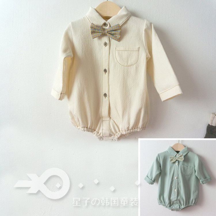 现货韩国进口婴儿衣服春秋领结哈衣连体爬服0-12月宝宝周岁童装