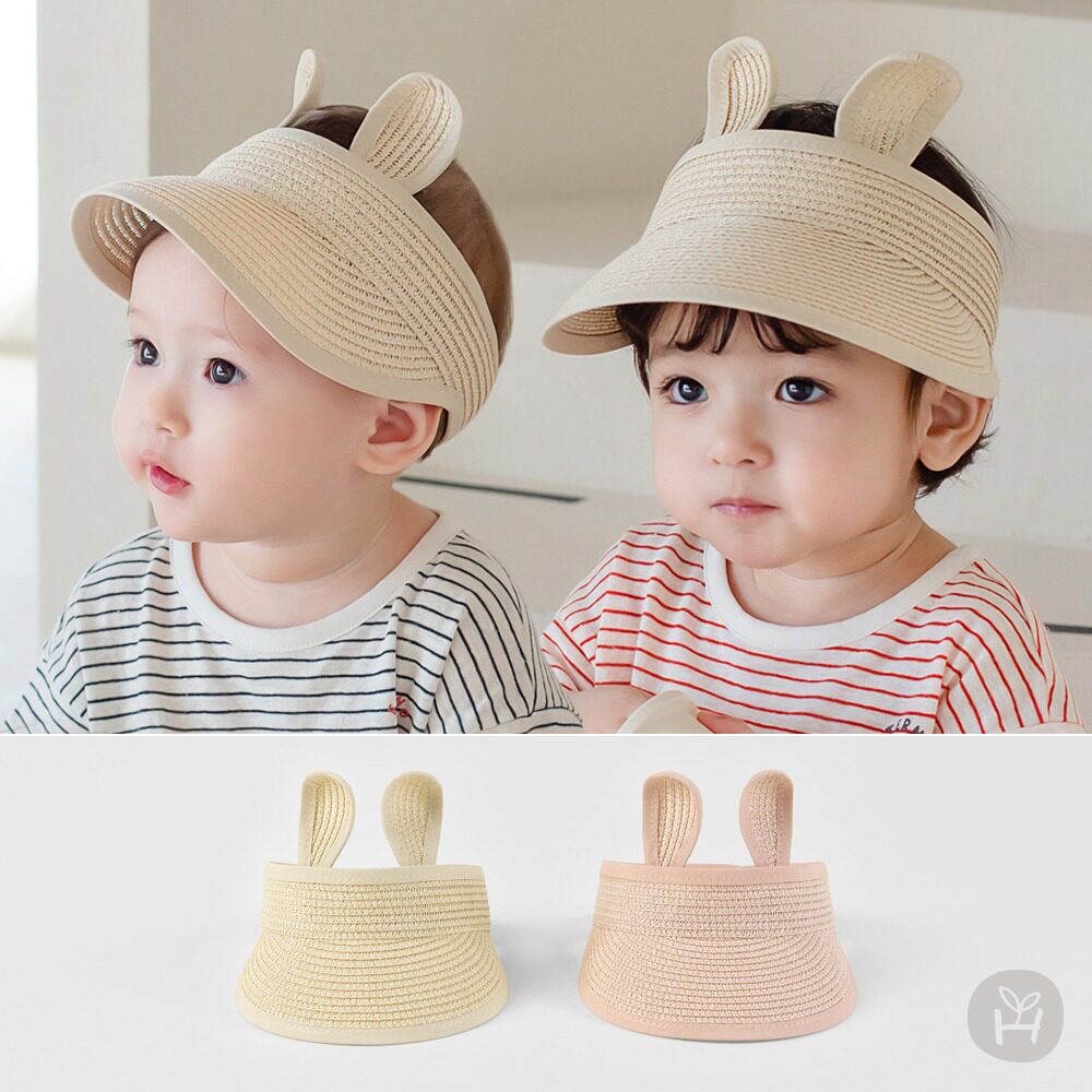 现货韩国婴儿草帽夏季儿童男童女宝宝熊耳朵超萌遮阳防晒帽空顶帽