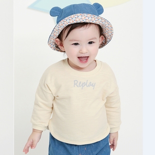 现货韩国春秋男童女童上衣宝宝婴幼儿童纯色字母长袖 毛圈卫衣T恤