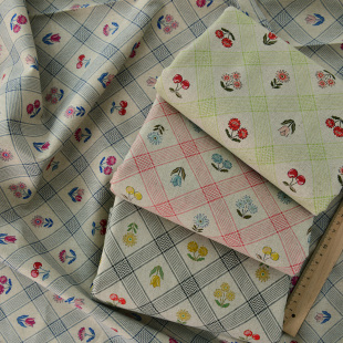 棉麻布料加厚亚麻布面料棉布沙发抱枕桌布台布背景布古旧线格樱桃