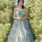 1950s吊带抹胸高级感草绿色蛋糕裙婚纱裙