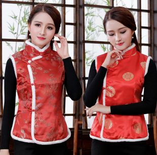 2021秋冬季新款唐装背心女马甲改良表演礼仪服装超市年会工作礼服