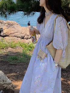 新款 离岛假日 裙子 CARIEDO 梦幻紫浪漫碎花连衣裙系列2022夏季