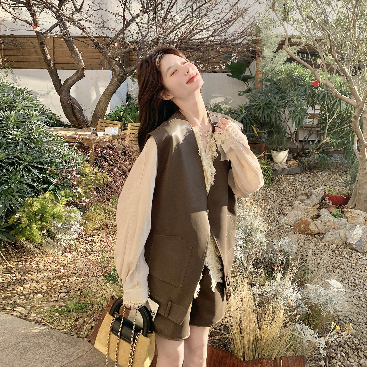 大货出春季新款皮衣马甲短裤蕾丝衬衫三件套7279三件套P195控318，女装套装/套裙，浙宝133