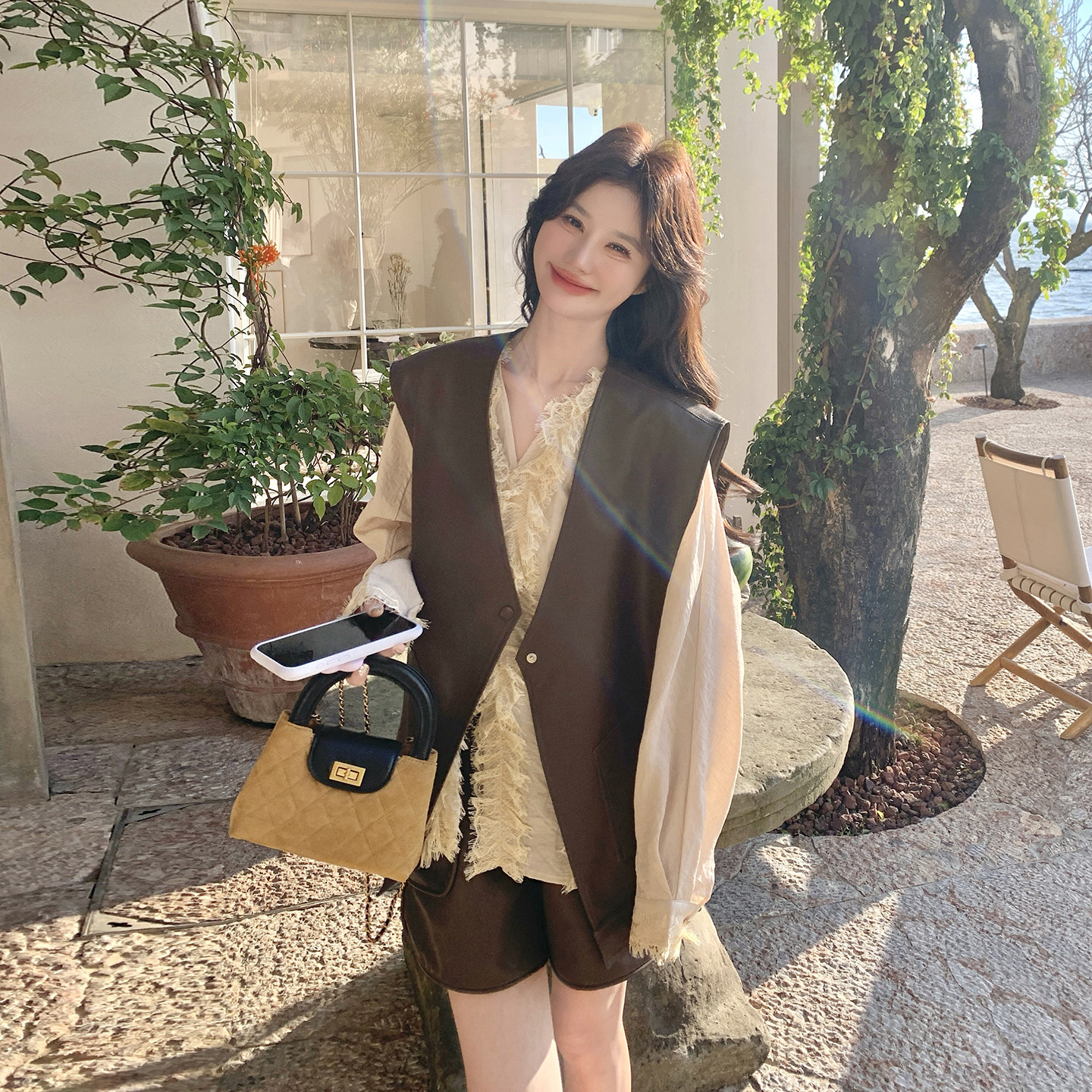 大货出春季新款皮衣马甲短裤蕾丝衬衫三件套7279三件套P195控318,女装套装/套裙,浙宝133