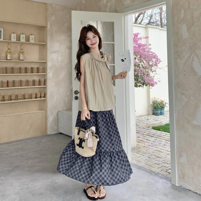 现货 夏季新款上衣格子半身裙两件套装7303-P165控268