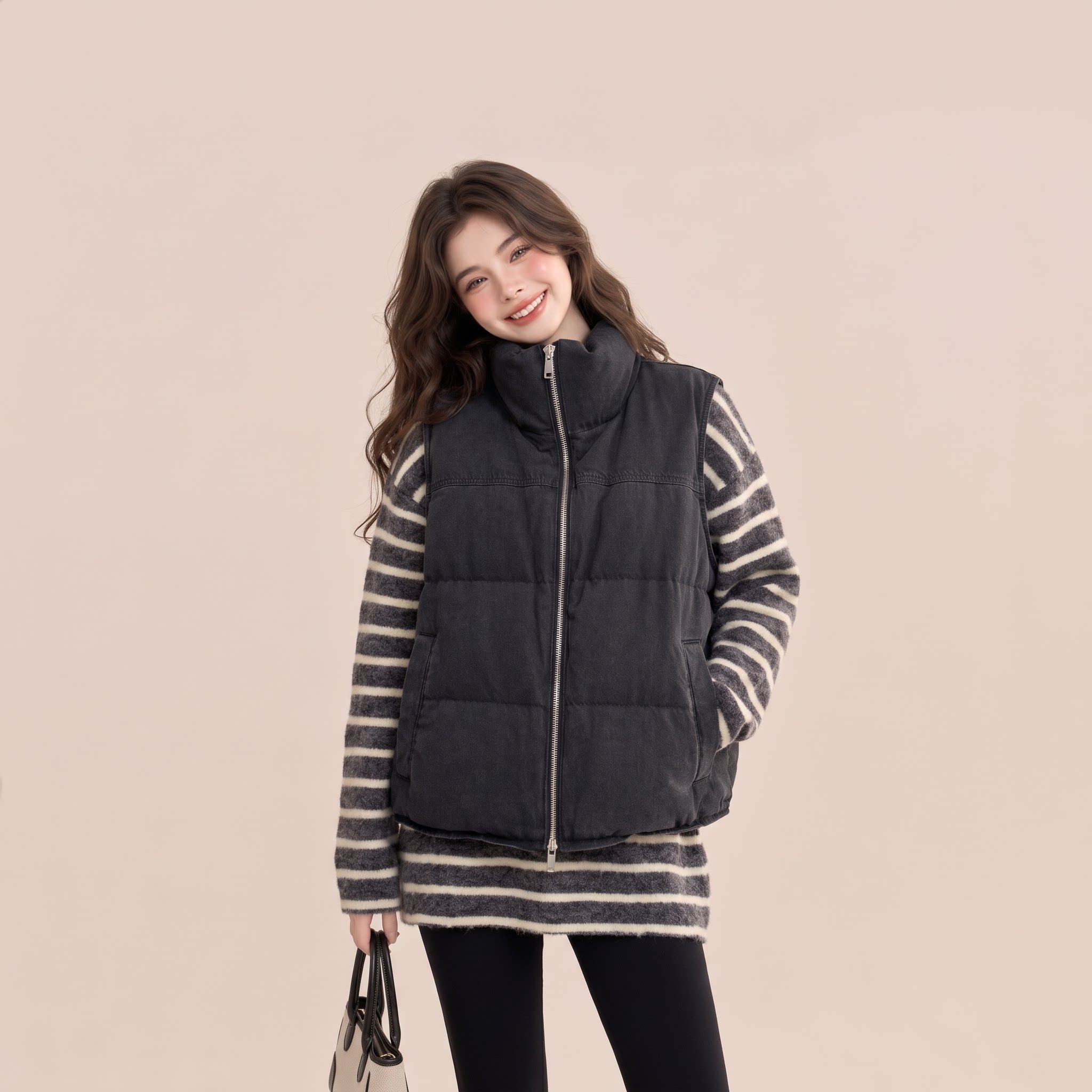 CHUER复古做旧立领面包服马甲女