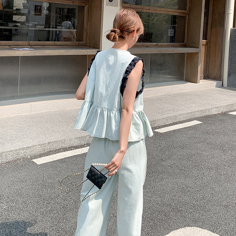 木耳边拼接牛仔马甲套装女2025夏季新款韩系休闲减龄阔腿裤两件套,商品下架区,浙宝133