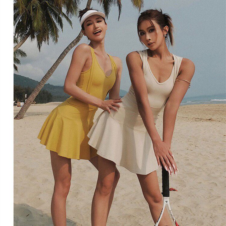 美背无袖时尚跑步网球裙夏季瑜伽服套装女运动健身棒球裙羽毛球服