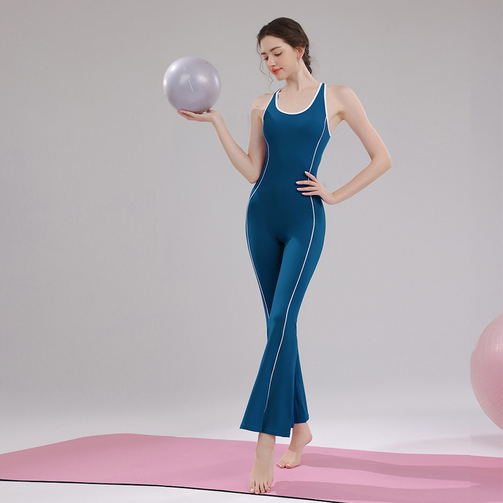 帛扬欧美跨境瑜伽连体服女镂空美背拼色连体衣舞蹈运动健身喇叭裤