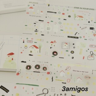 分装 3amigos原创VOL.8 绿森林红房子小彩花pet手账胶带可爱盐系