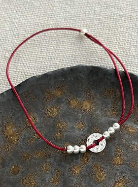 925纯银碎碎冰钱币手绳手链女新中式手工编织本命年红绳手饰B6888