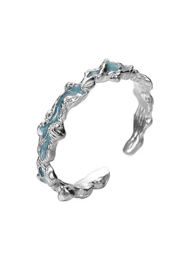 925银开口戒指女士薄荷蓝水波纹