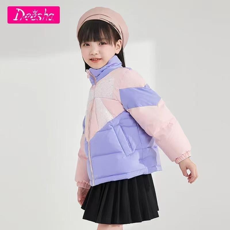 断码特价正品笛莎女童羽绒服冬季儿童珠片蝴蝶结宽松短款立领外套