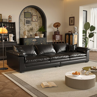 意式复古油蜡皮黑色沙发现代极简大小户型大坐深双层坐垫直排沙发