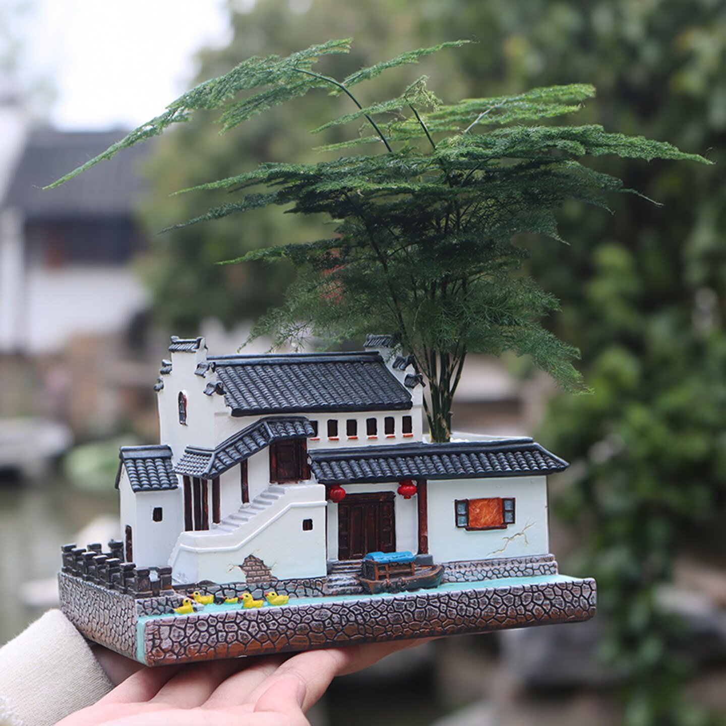 建筑模型摆件树脂微景观造景中式庭院盆景客厅花盆创意微缩古房子