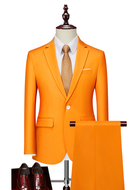 跨境外贸2025男士商务休闲西装套装西服套装桔黄色两件套亚马逊