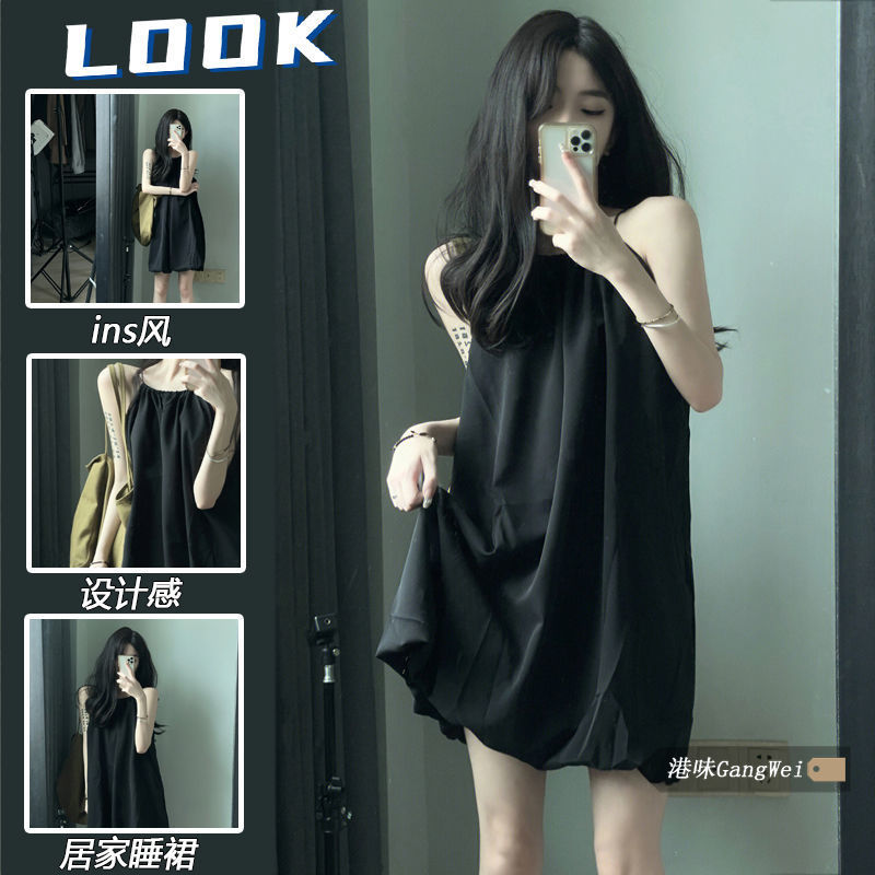 少女黑色吊带睡裙高级感睡衣女夏款网红风2025年新款居家连衣裙