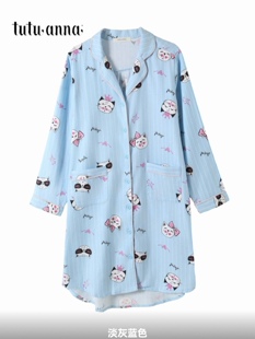 tutuanna少女轻薄猫咪印花中长款全棉外穿T恤睡裙翻领长袖家居服