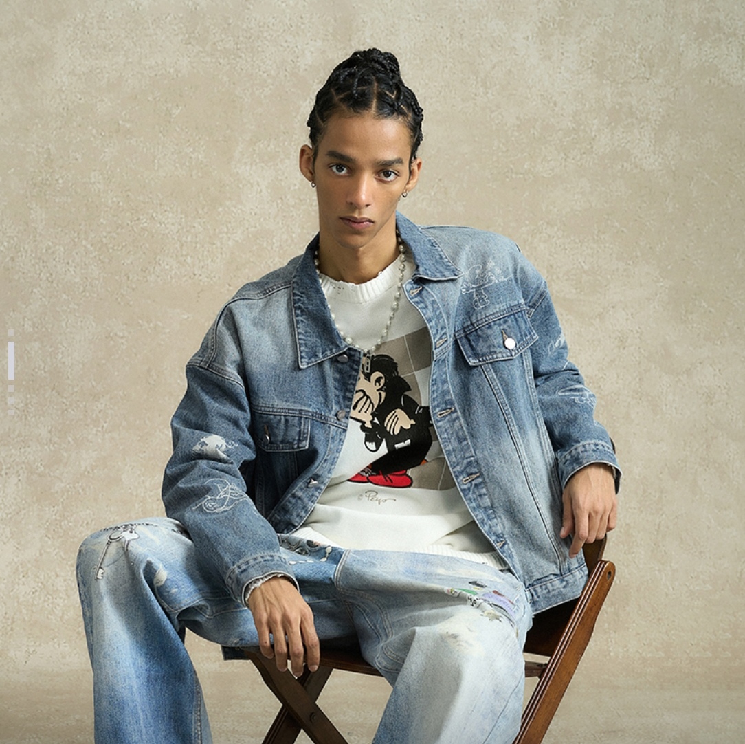 BONELESS蓝精灵联名做旧牛仔外套