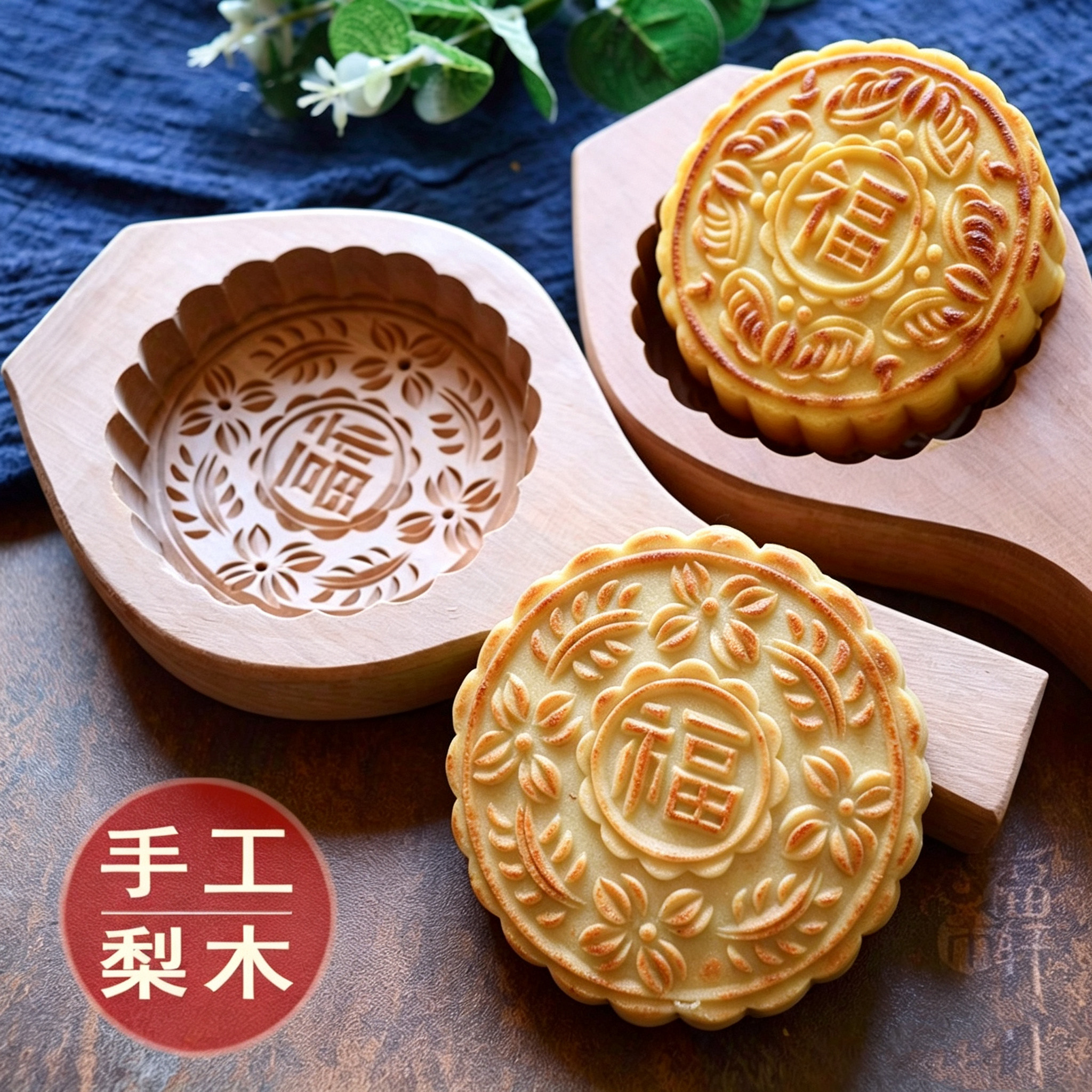 大号手刻深纹月饼印具糍粑家用清明果火烧喜饼艾米果青团木质模具