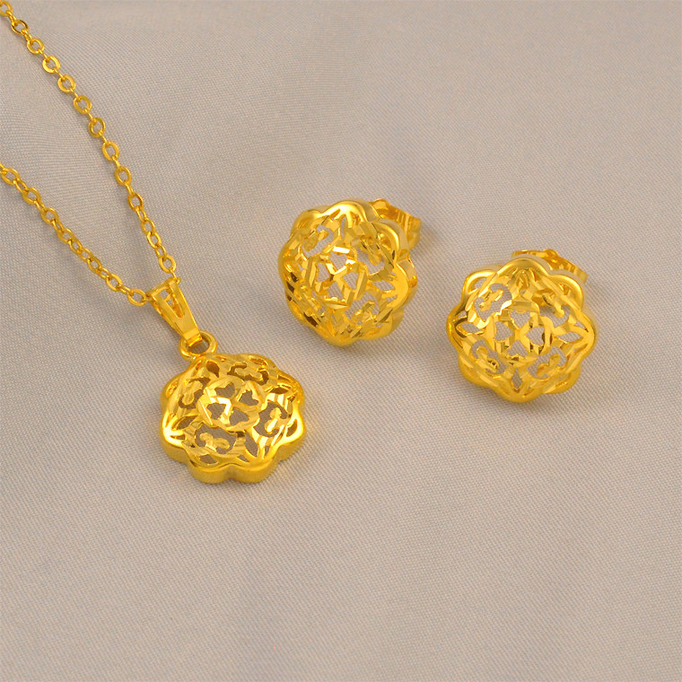 新款耳环+项链仿真黄金色镂空项链耳钉套装女款气质百搭耳环