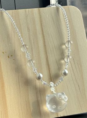 白水晶hello kitty猫吊坠儿童项链百搭锁骨毛衣链可爱送女友礼物